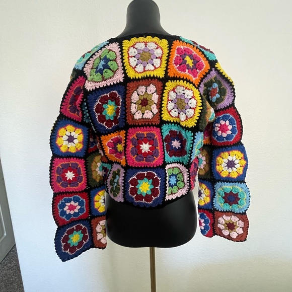 EUC Wild Orange Tree Crochet Granny Square Cardigan Sweater Boho - Picture 6 of 11